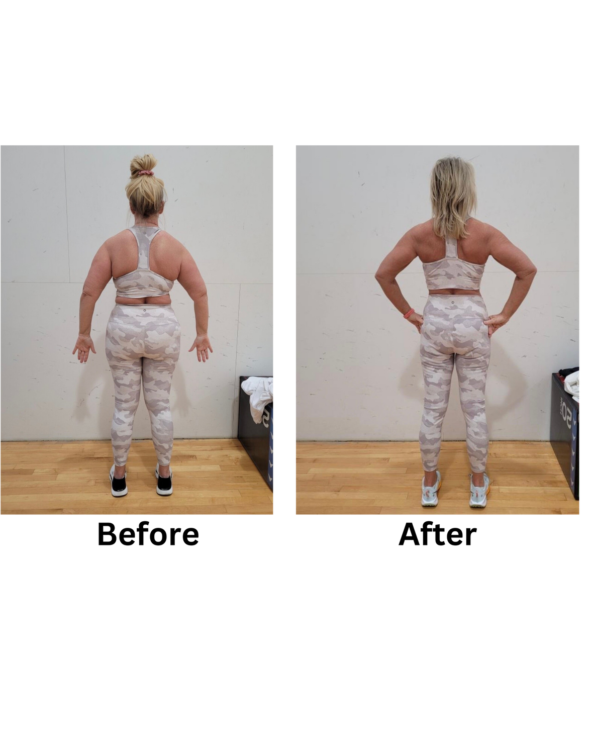 Woman in camo activewear, back view.