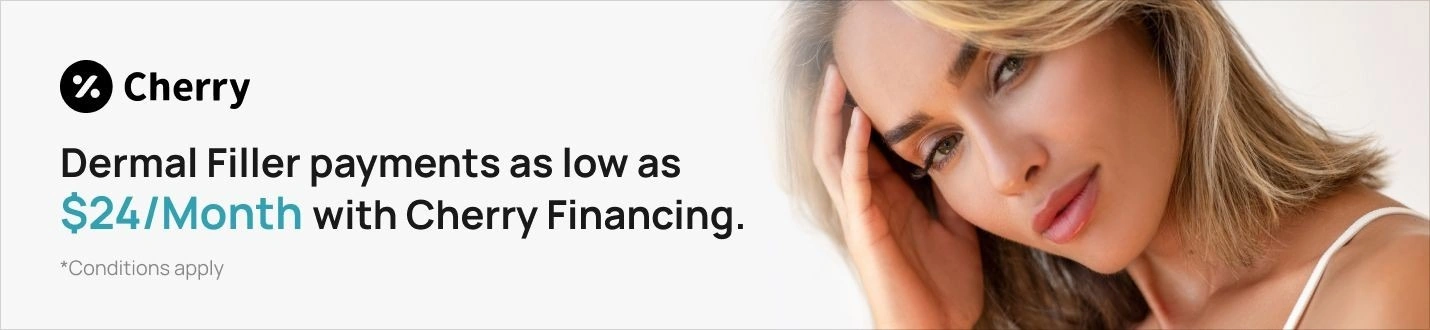 Cherry Banner with beautiful woman and text that reads, "Dermal Filler payments as low as $24/Month with Cherry Financing. *Conditions apply"