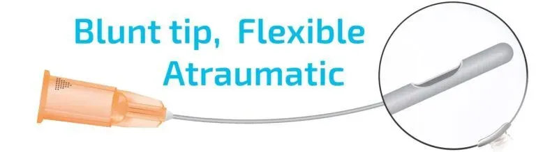 Illustration of the Blunt tip Cannula that reads, "Blunt tip, Flexible Atraumatic"