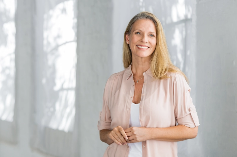 cheerful mature woman in casual wear