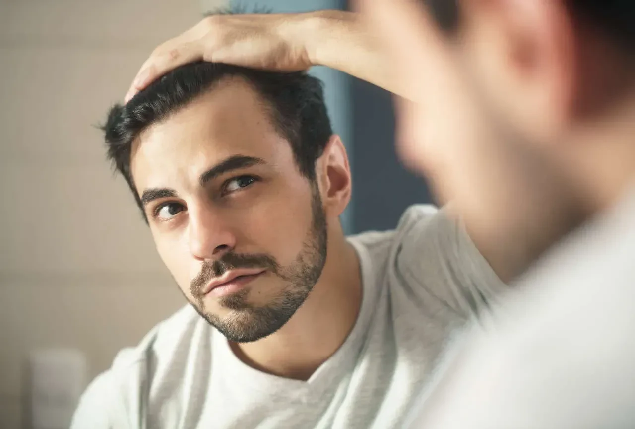 man in 30's looking at restored hair in mirror after microneedling treatment microneedling