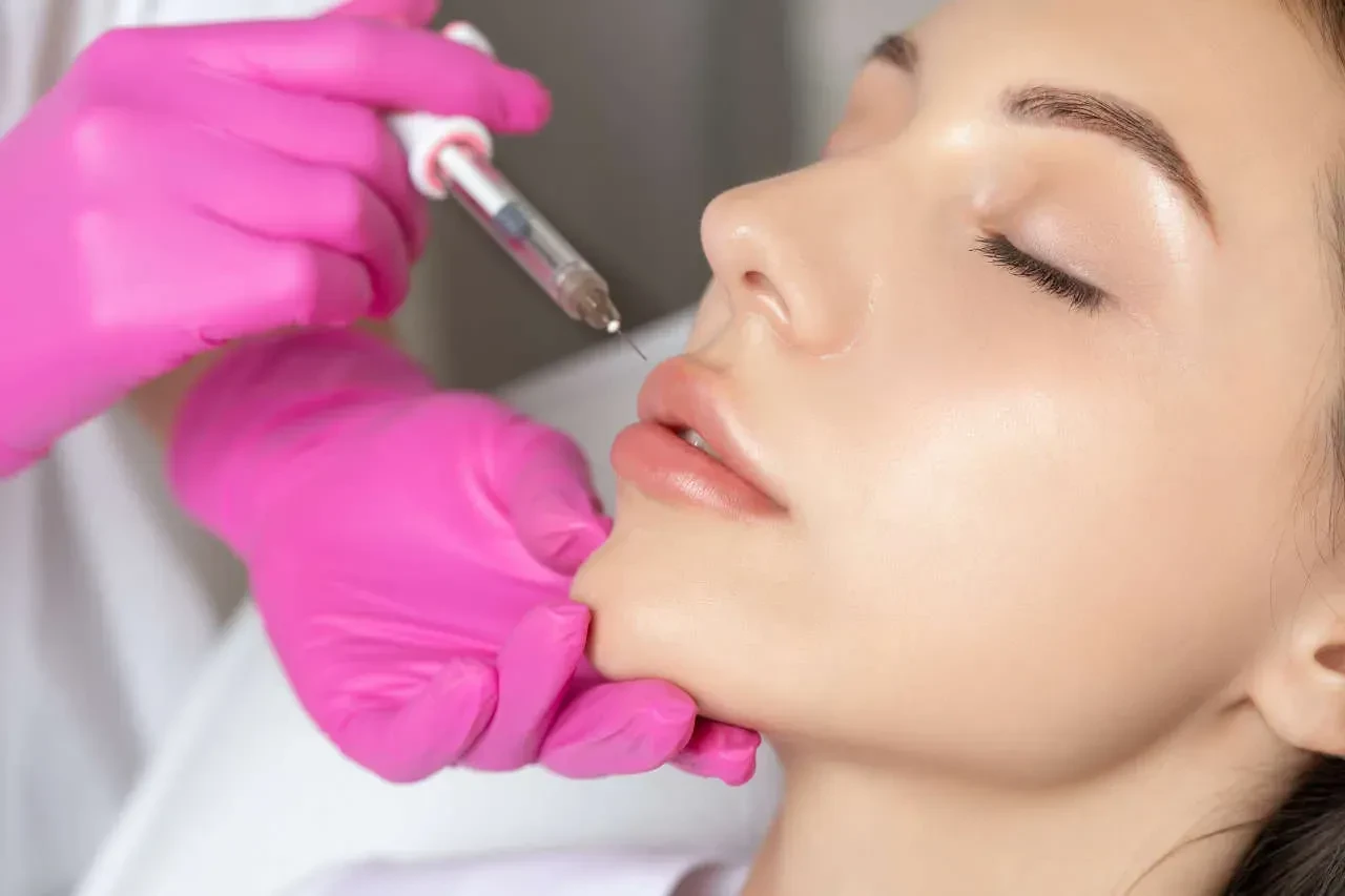 Beautiful woman receiving lip filler injection at medical aesthetic facility